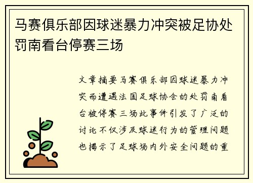 马赛俱乐部因球迷暴力冲突被足协处罚南看台停赛三场