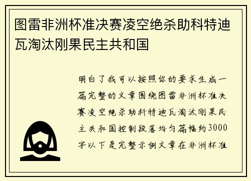 图雷非洲杯准决赛凌空绝杀助科特迪瓦淘汰刚果民主共和国